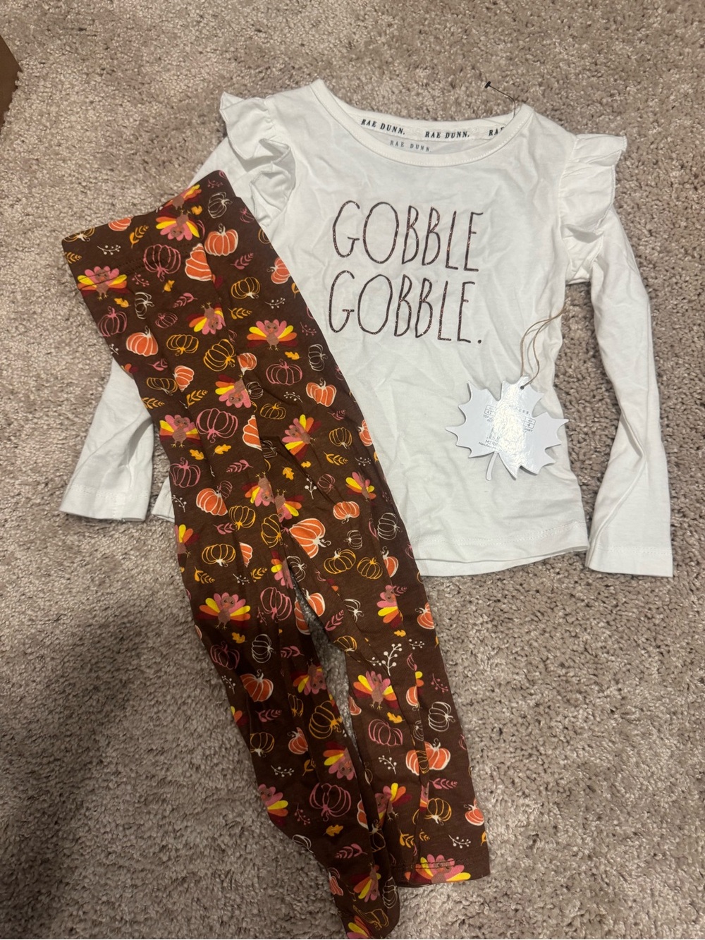 Rae Dunn White Ruffle-Sleeve Top & Brown Pumpkin Print Leggings